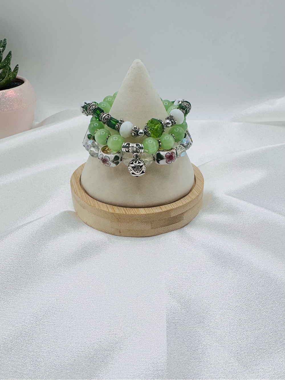 Green Beaded Bracelet Stack Set Floral Enamel Charms Crystal Accent boho